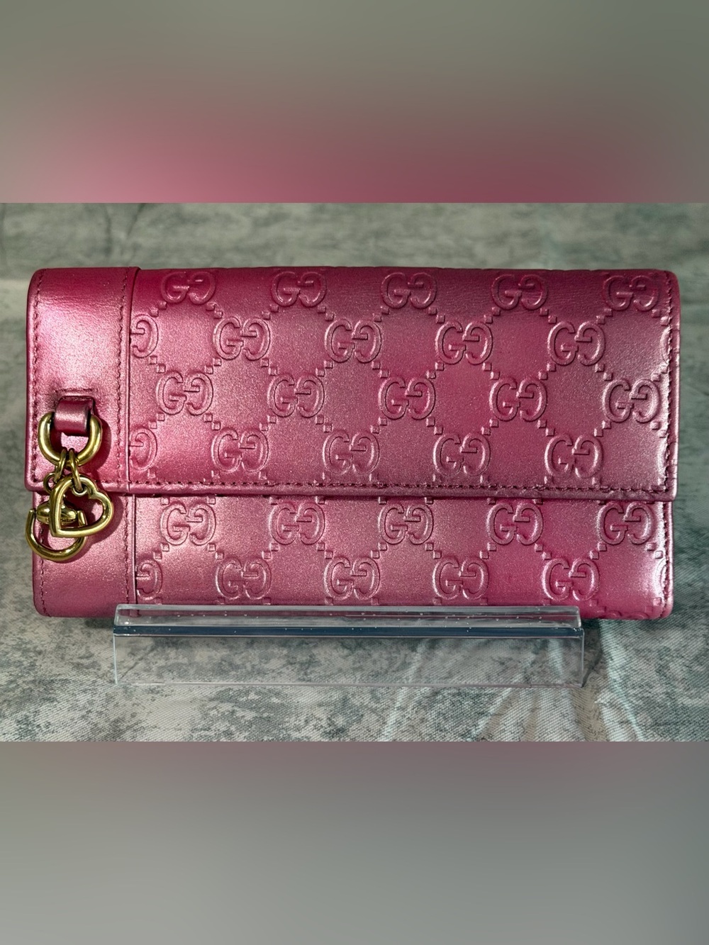 Gucci metallic pink Guccissima Leather Heart-Bit long wallet